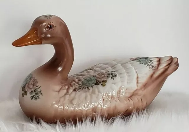 Duck Figure Ceramic Decoy Like Figurine Floral Print 10" Long Light Brown/Tan