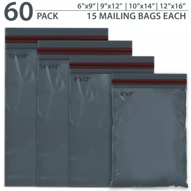 60 Mixed Sizes Mailing Bags Packaging Grey Postage Poly Plastic Postal Self Seal
