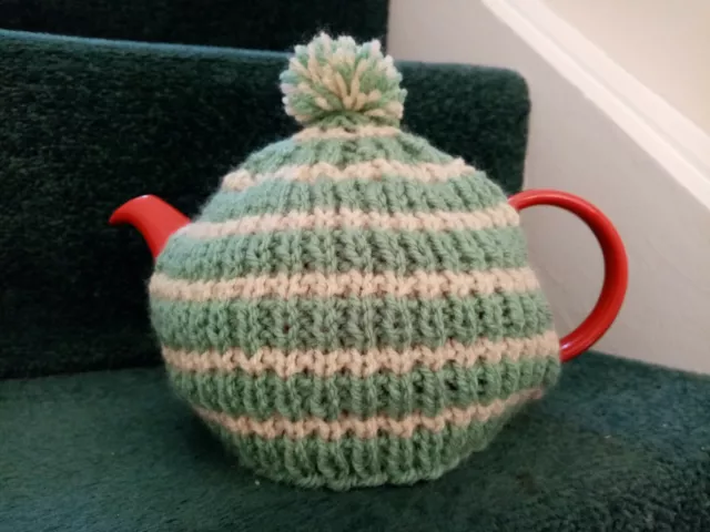 Hand knitted tea cosy, fits small 2 cup teapot, sage green/cream