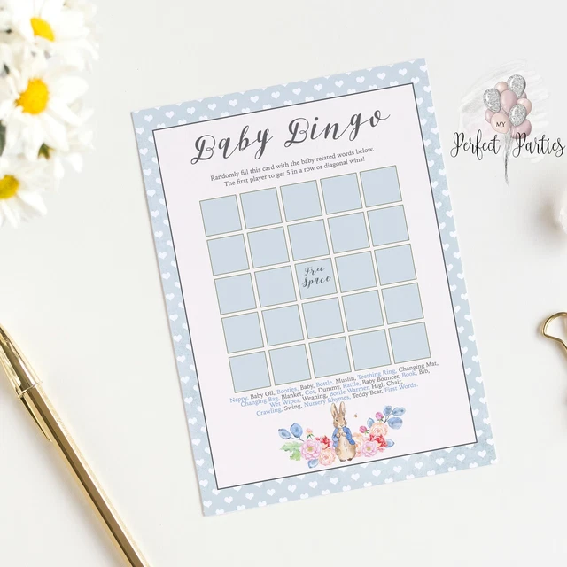BABY SHOWER GAME Bingo 20 Sheet/Player, Peter Rabbit, Blue, Baby Boy ...