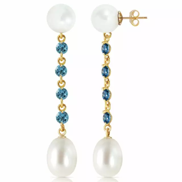 11 Carat 14K Solid Yellow Gold Chandelier Blue Topaz & Pearl Gemstone Earrings