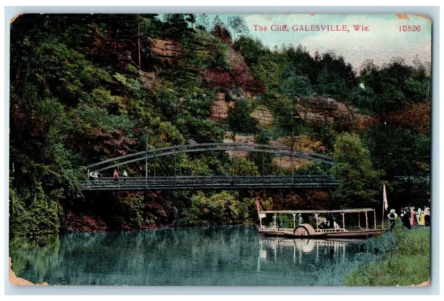 1910 Cliff Bridge Ferry Boat River Lake Galesville Wisconsin WI Vintage Postcard