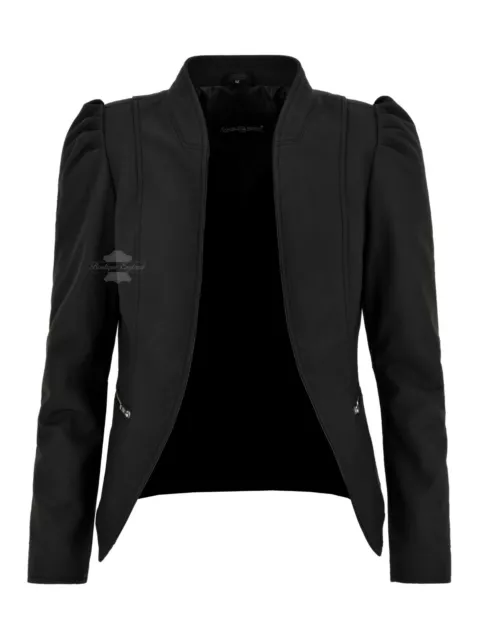 Ladies Puff Sleeves Jacket Real Leather Matt Black Front Open Blazer Jacket 5370