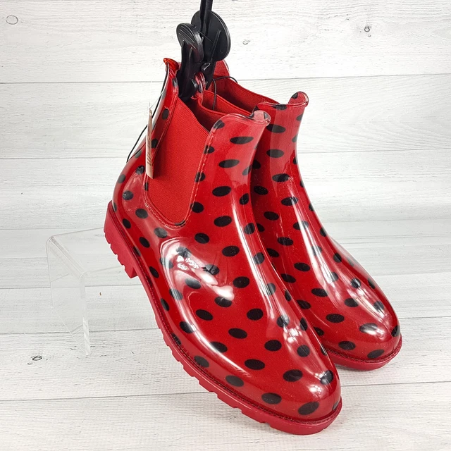 Women's Size 10 Red w/ Black Polka Dot Rubber Mud Rain Ankle Boots Shoes NEW