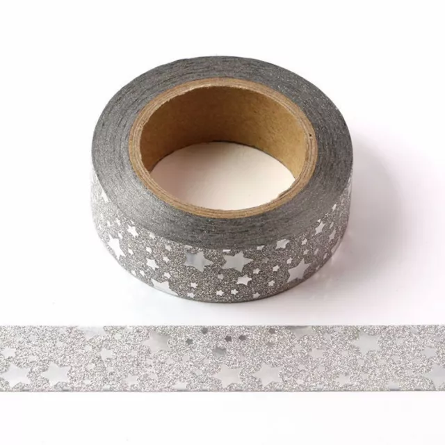 Silver Glitter Washi Tape with Silver Foil Stars Masking Trim 15mm x 10 Meters