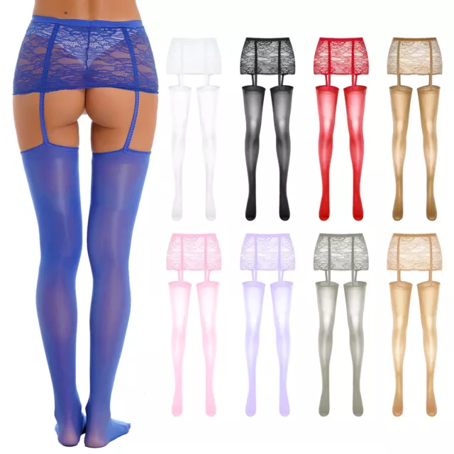 Women Semi Oil Thigh High Stockings Lace Garter Belt Sheer Pantyhose Hosiery