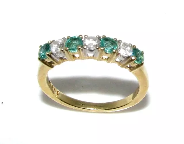 Ladies womens 18ct yellow gold diamond & emerald half eternity ring size M 1/2