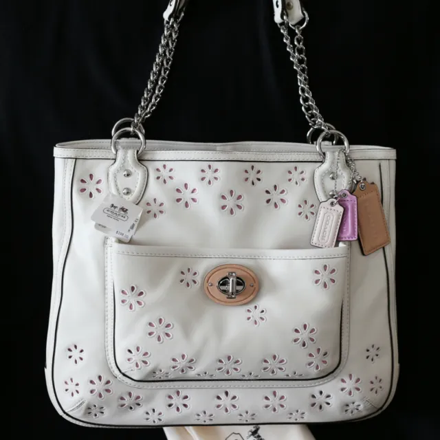 NEW COACH Leather Daisy Eyelet Chain Tote Shoulder Bag White Purse $398 NWT