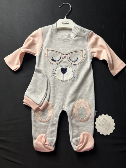 Mädchen  baby kleidung Geschenkset gr 50! Strampler Mit Mütze Katzenmotiv Grau