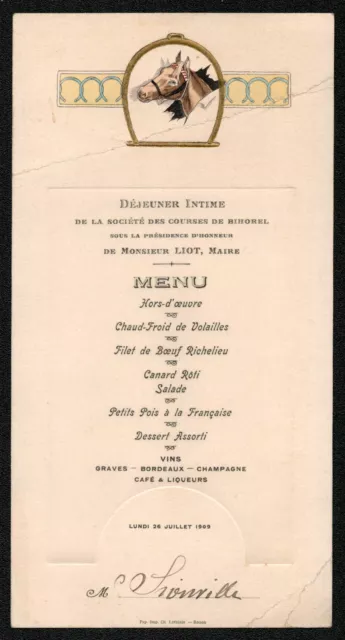 Menu. Société des Courses de Bihorel. 1909.  Liot. Normandie. Hippisme