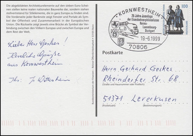 Ansichtskarte Die Euro-Banknoten: 100 Euro, SSt Kornwestheim Eisenbahn 19.6.1999
