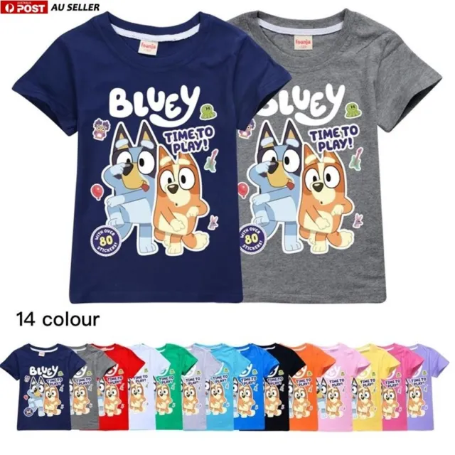 Kids Boys Girls Bingo Bluey Print Short Sleeve T-shirt Summer Tshirt Tops 2-14Y