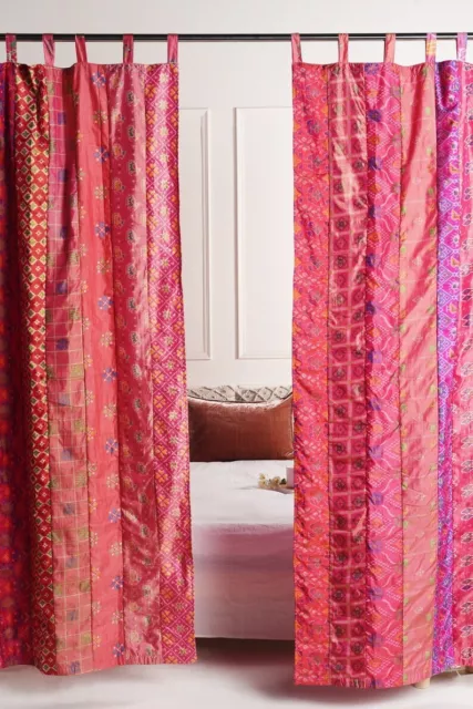 2 Pcs Indian Sari Patchwork Curtain Drape Window Decor Pink Silk Sari Curtain