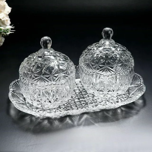 2pc Set Glass Sugar Candy Round Bonbon Dish Jar Candy Box Bowl With Lid & Tray