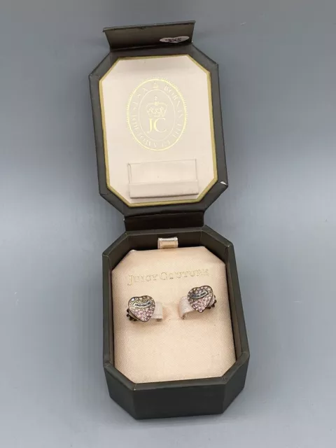 Juicy Couture Logo Signature Heart Pink Crystal Pierced Earrings W/Box Gold Tone