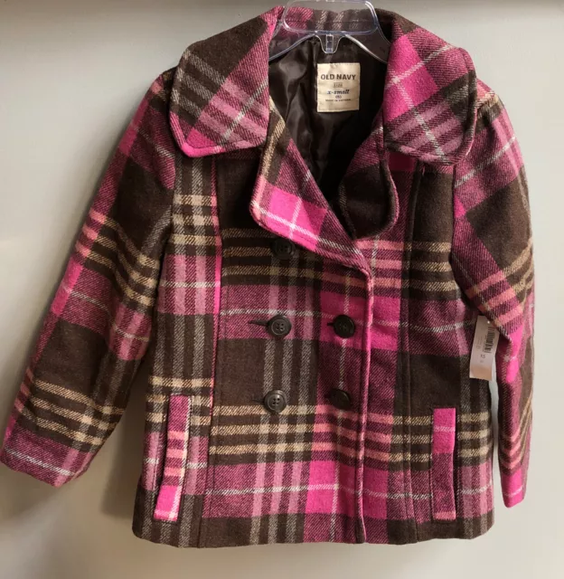 NEW Girls Old Navy Wool Blend Pea Coat Brown Pink Plaid Double Breasted Size 5