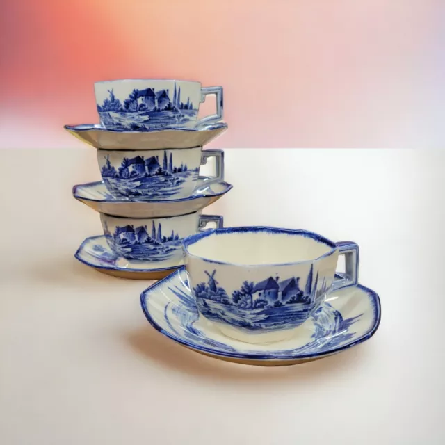 Antique Royal Doulton Norfolk Blue Set of 4 Cup & Saucers Octagon 8-Sided Shape