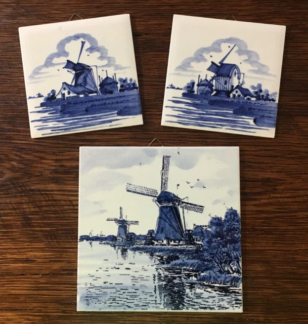 3 Vintage Delft Hand-Painted Tiles, Blue & White, Windmills, Free Shipping