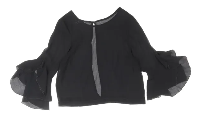 Zack Womens Black Polyester Basic Blouse Size M Boat Neck - Bell Sleeve, Open Ba