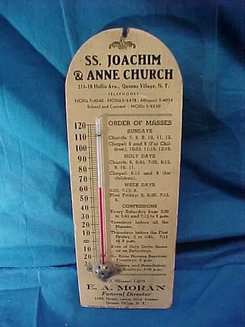1920s ST JOACHIM + ANNE CHURCH Wood ADVERTISING Wall THERMOMETER Works Old Paint