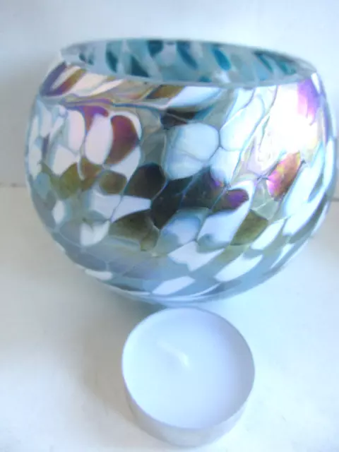 Beautiful Hand Made Amelia Art Glass Tea Light Holder Turquoise + T Light boxed