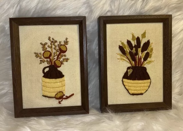 Vtg Set Of 2 crewel finished Embroidery Framed Pictures With Floral Compositions