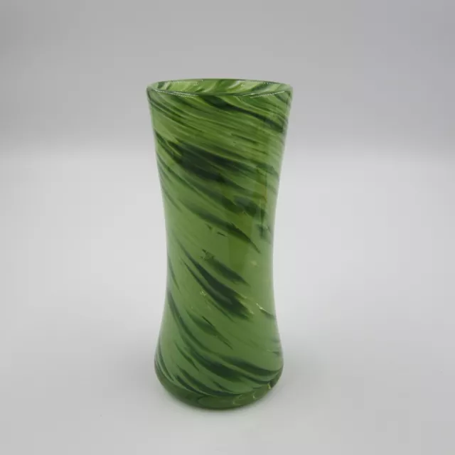 6" Hand Blown Art Glass Bud/Flower Vase W/ Light & Dark Forest Green Swirls