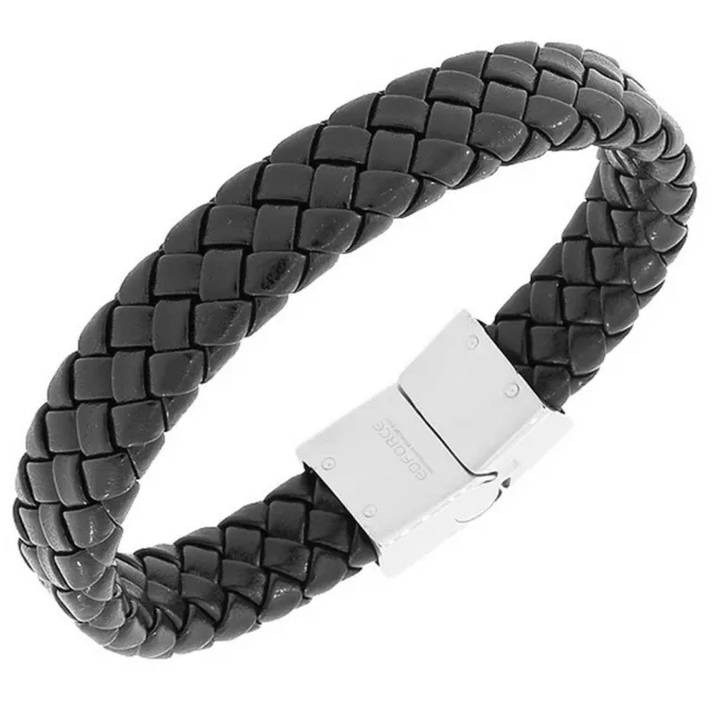 Stainless Steel Black Leather White Gold Silver-Tone Wristband Mens Bracelet