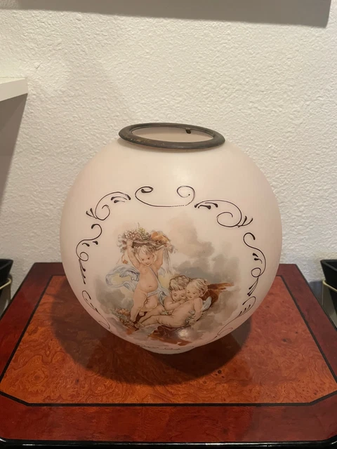 Antique Old Victorian Cherubs Handpainted Satin Glass Globe Lamp Shade Pink 8" + 2