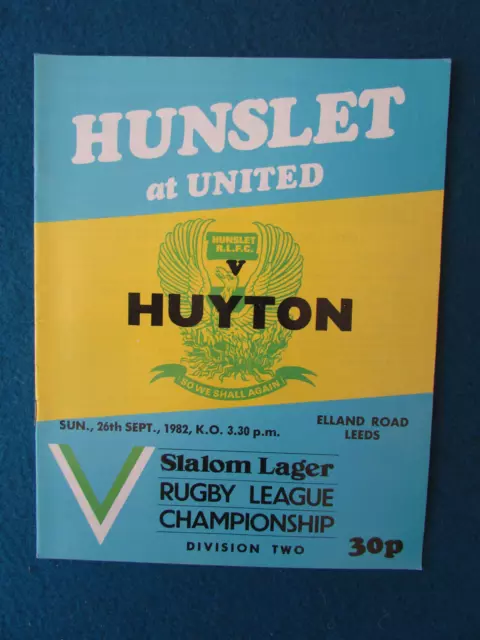 Hunslet v Huyton Rugby League Programme 26/9/82