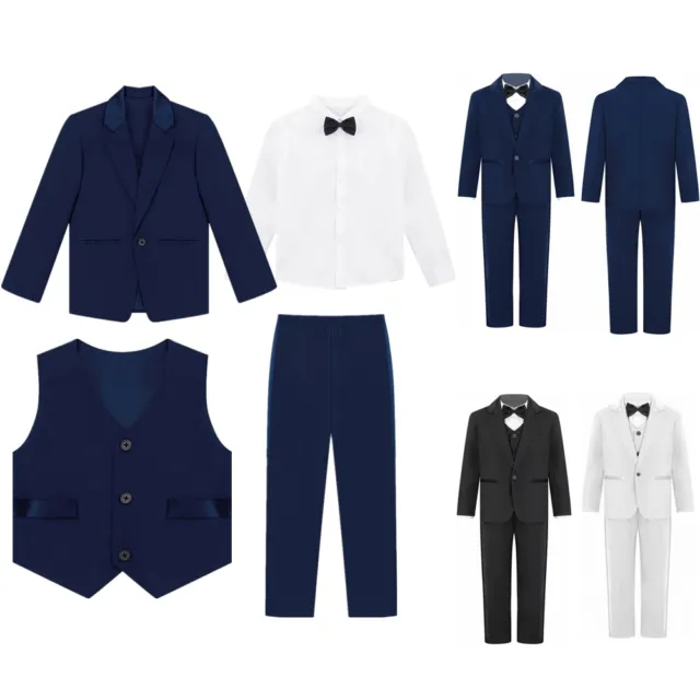 Kids Boy's Silm Fit Formal Suits 4 Piece with Blazer Shirt Vest and Trousers