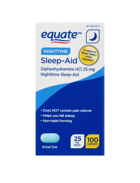 Equate Nighttime Sleep Aid 25mg Diphenhydramine HCI, Mini-Caplets - 100 count