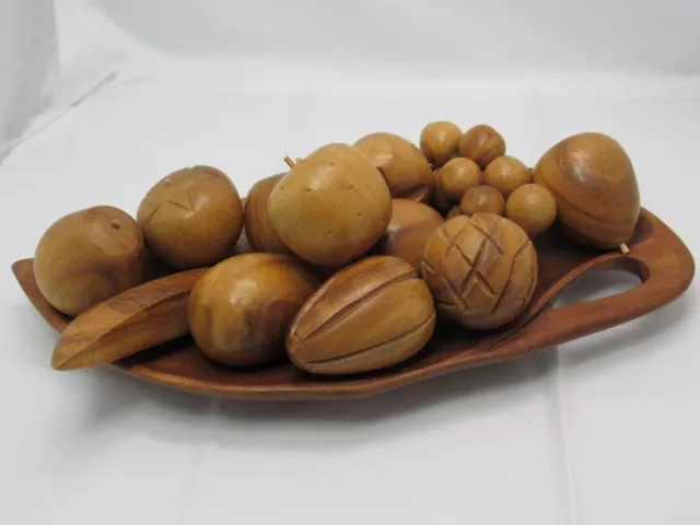 Vintage MCM Wood Fruit Bowl Tray w/ Monkey Pod Wooden Fruit Grapes Apple Pear