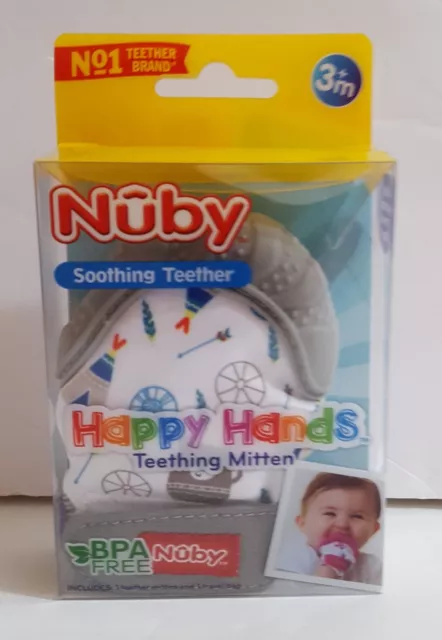 Nuby Soothing Teething Mitten with Hygienic Travel Bag Grey - New