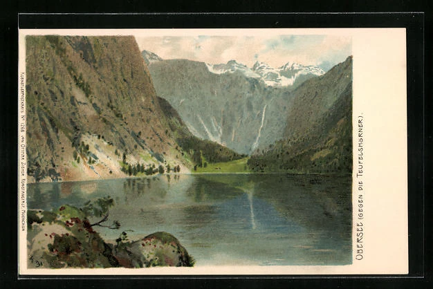 AK Berchtesgaden, Obersee, Idylle mit Blick auf die Teufelshörner