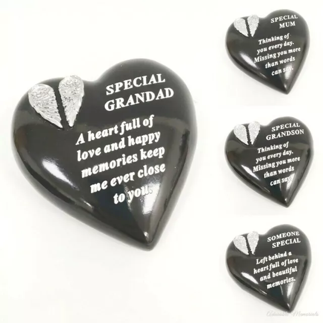 Love Heart Memorial Stone / Pebble Silver Angel Wings & Verse Grave Ornament