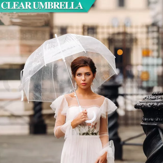 Clear Dome Umbrella Wedding Rain Party Transparent Parasol Handle Waterproof