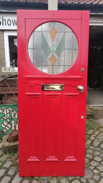 Reclaimed Art Deco 1930's Front Door With Stained Glass - Painted Red #D104