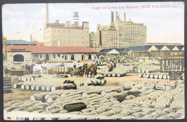 Antique 1913 Sugar on Levee & Refinery New Orleans Louisiana LA Postcard I Stern