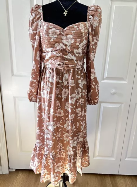 Band of the Free Womens Midi Dress Large Brown Floral Smocked Puff Sleeve Boho