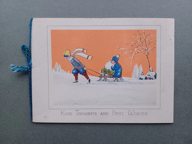 1920s CHRISTMAS CARD GIRL PULLING SLEDGE CARRYING GIRL & HOLLY - ARTIST DRAWN