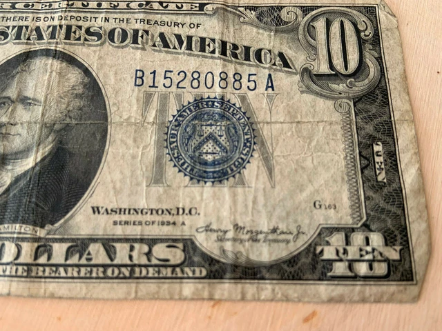 1934-A $10 Ten Dollars Blue Seal Silver Certificate Currency Note -G163 2