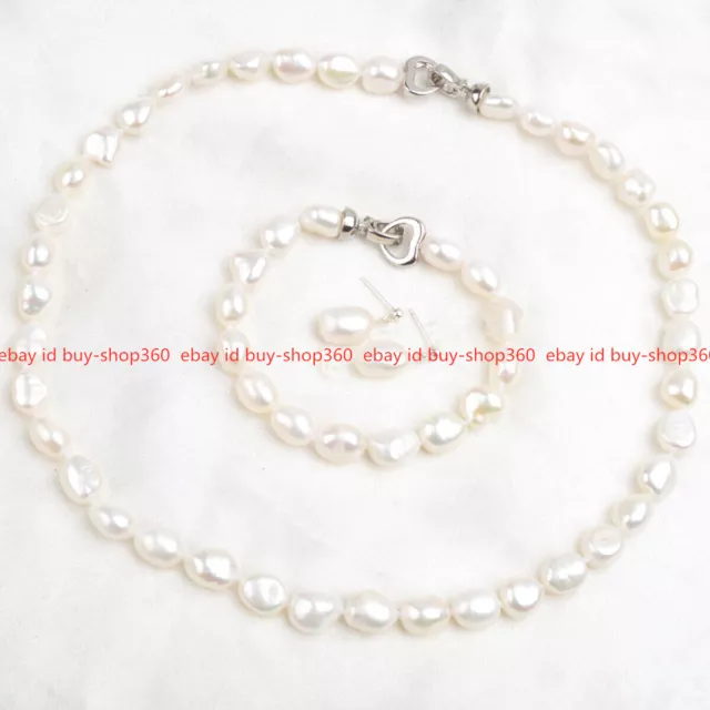 Real Natural White Freshwater Baroque Pearl Necklace Bracelet Earrings Set 18''
