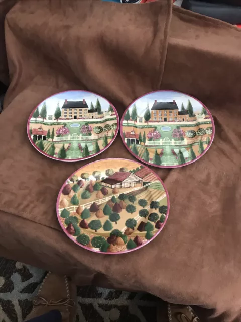 3 Vintage Block Country Village  Salad Plates by Gear 1995