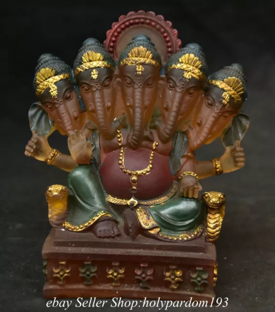 4.4" Old Chinese Coloured glaze Ganesh Lord Ganesha Elephant God Buddha Statue