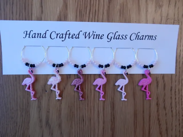 "Flamingos "  Set Of 6 Hand Crafted Wine Glass Charms Drink Markers