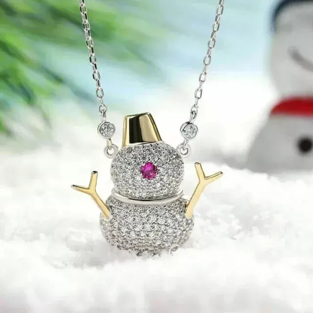 2.00Ct Round Cut Real Moissanite Snowman Pendant 14K Two Tone Gold Plated