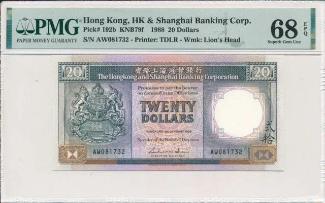 Hong Kong Bank Hong Kong  $20 1988  PMG  68EPQ