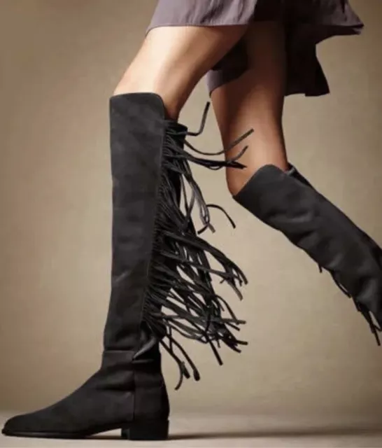 Stuart Weitzman Mane Fringe Over the Knee Black Suede OTK Boots New 5.5