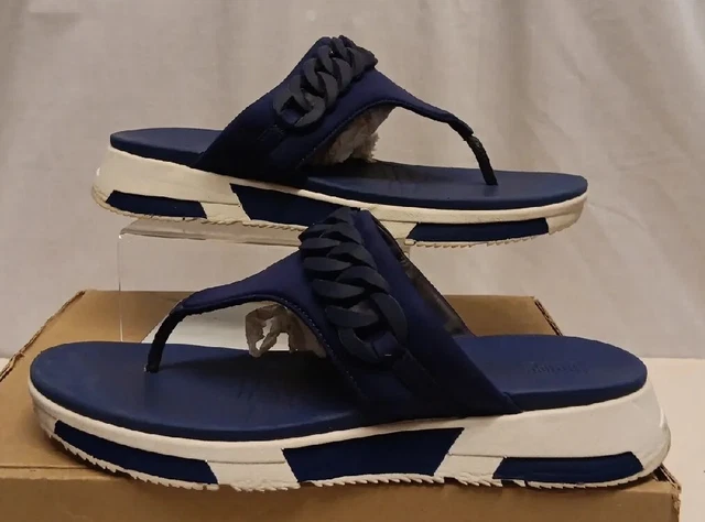 Fitflop Heda Chain Toe Thongs Flip Flops Sandals Navy White Size 7 Eu 41
